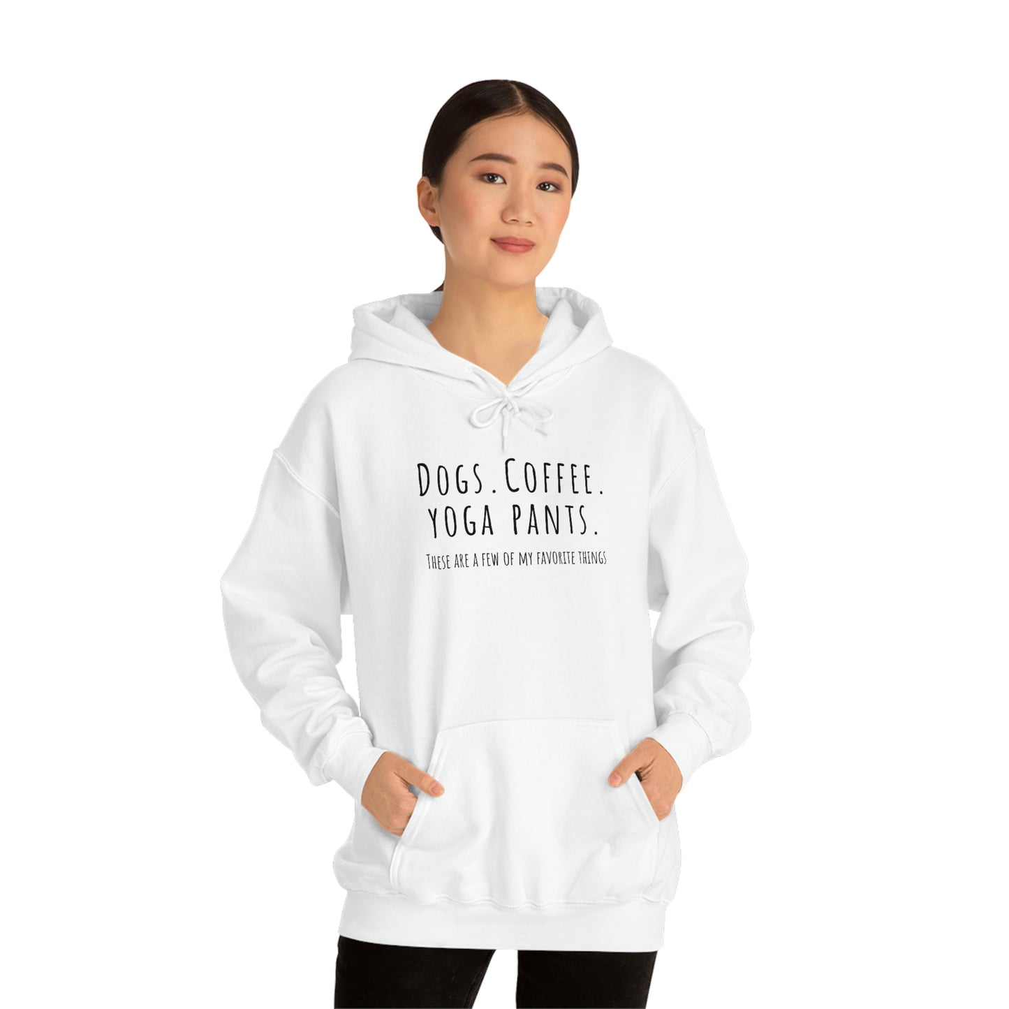 Dogs. Coffee. Yoga Pants. Unisex Heavy Blend™ Hooded Sweatshirt | Happy Dog Tee