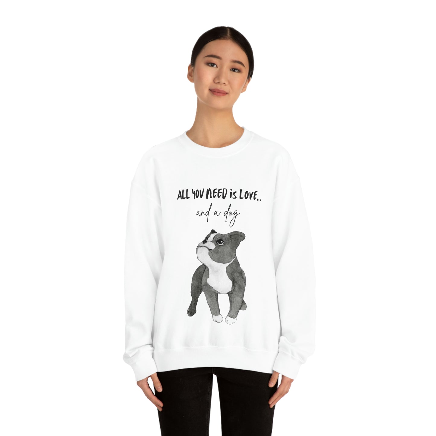 All you Need Is Love And A Dog Unisex Heavy Blend™ Crewneck Sweatshirt | “Happy Dog” Black Dog Tee Sweatshirts