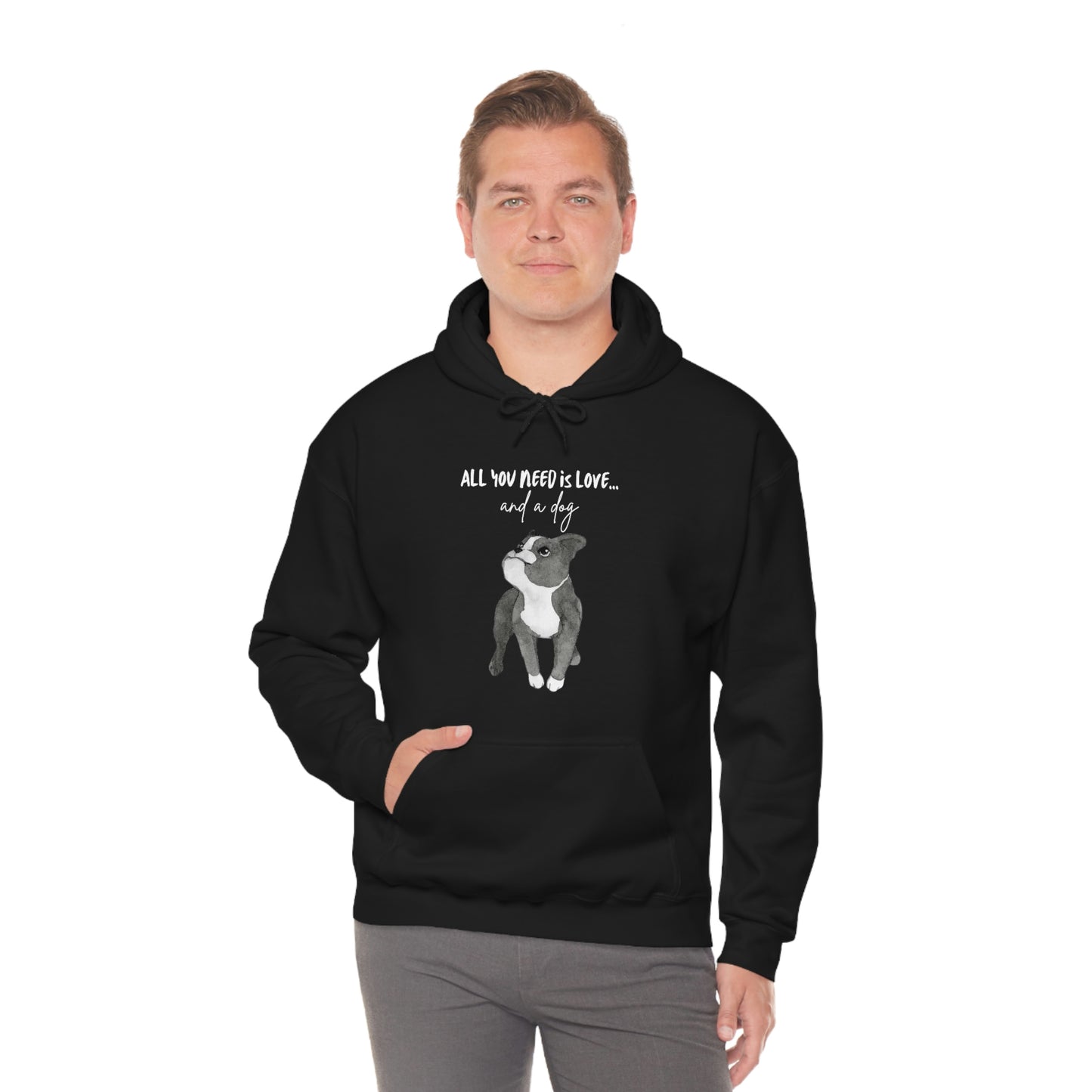 All You Need Is Love And A Dog Unisex Heavy Blend™ Hooded Sweatshirt | Happy Dog Range of Black Dog Tees
