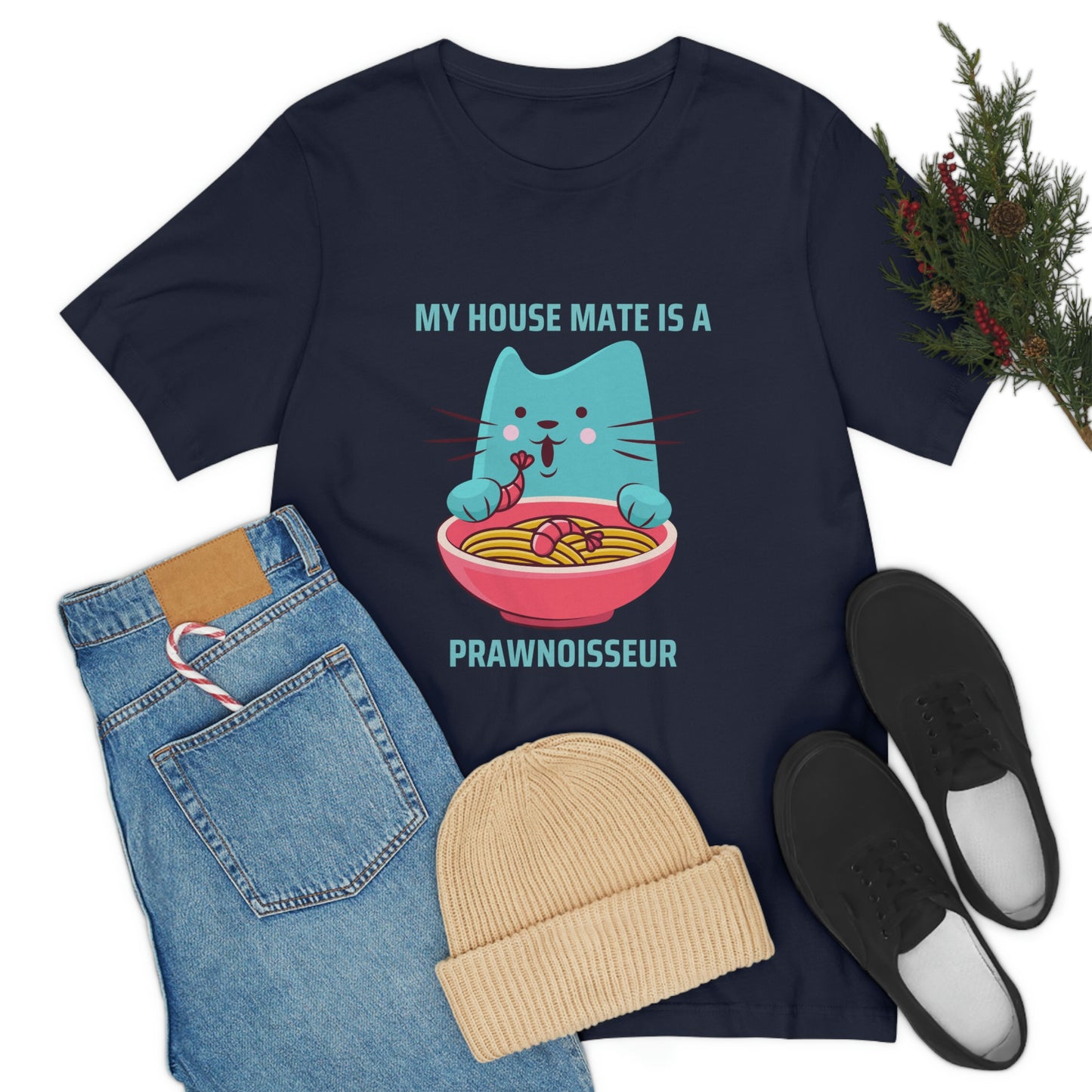 My House Mate Is A Prawnoisseur Unisex Jersey Short Sleeve Tee | “Happy Cat” Tee Shirt