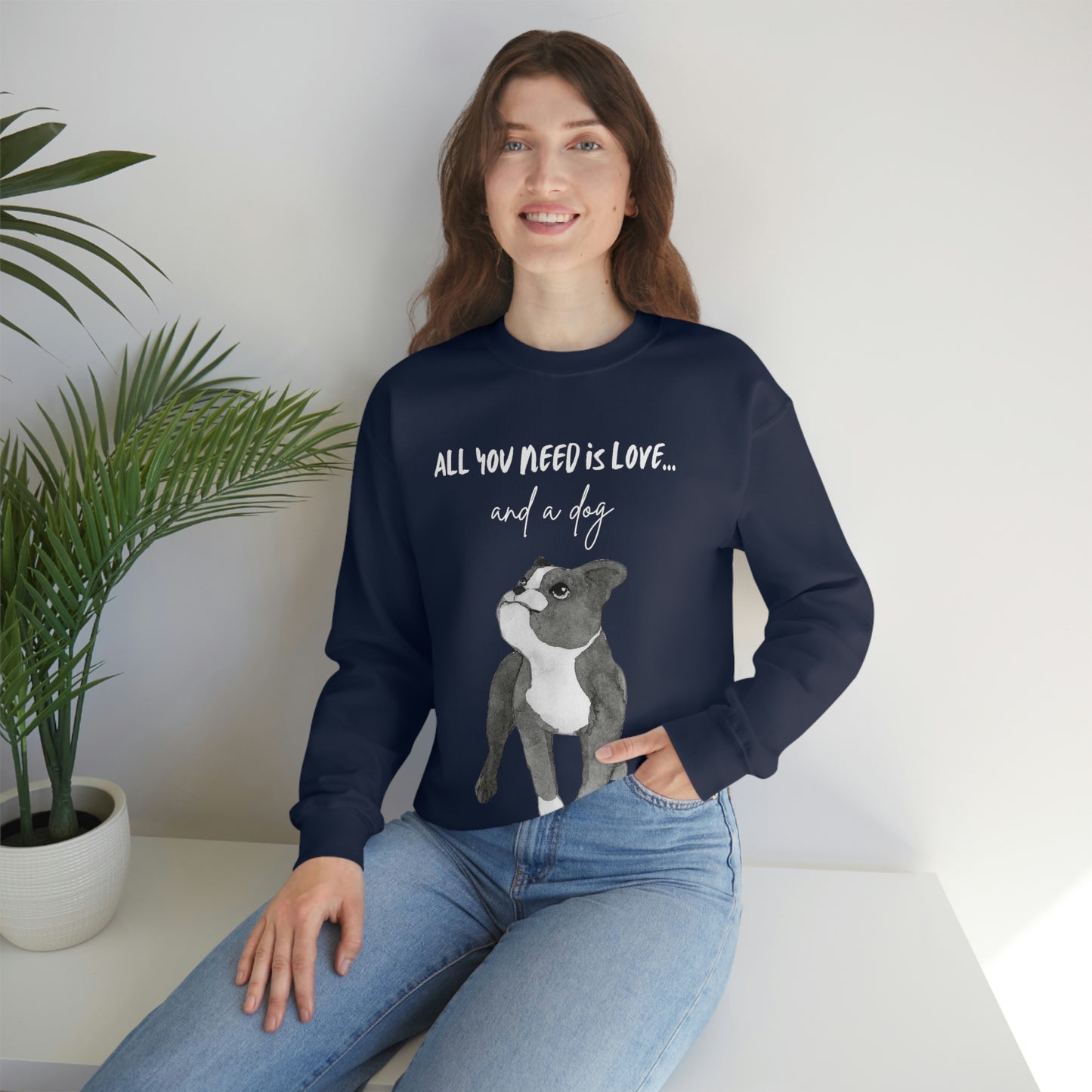 All you Need Is Love And A Dog Unisex Heavy Blend™ Crewneck Sweatshirt | “Happy Dog” Black Dog Tee Sweatshirts
