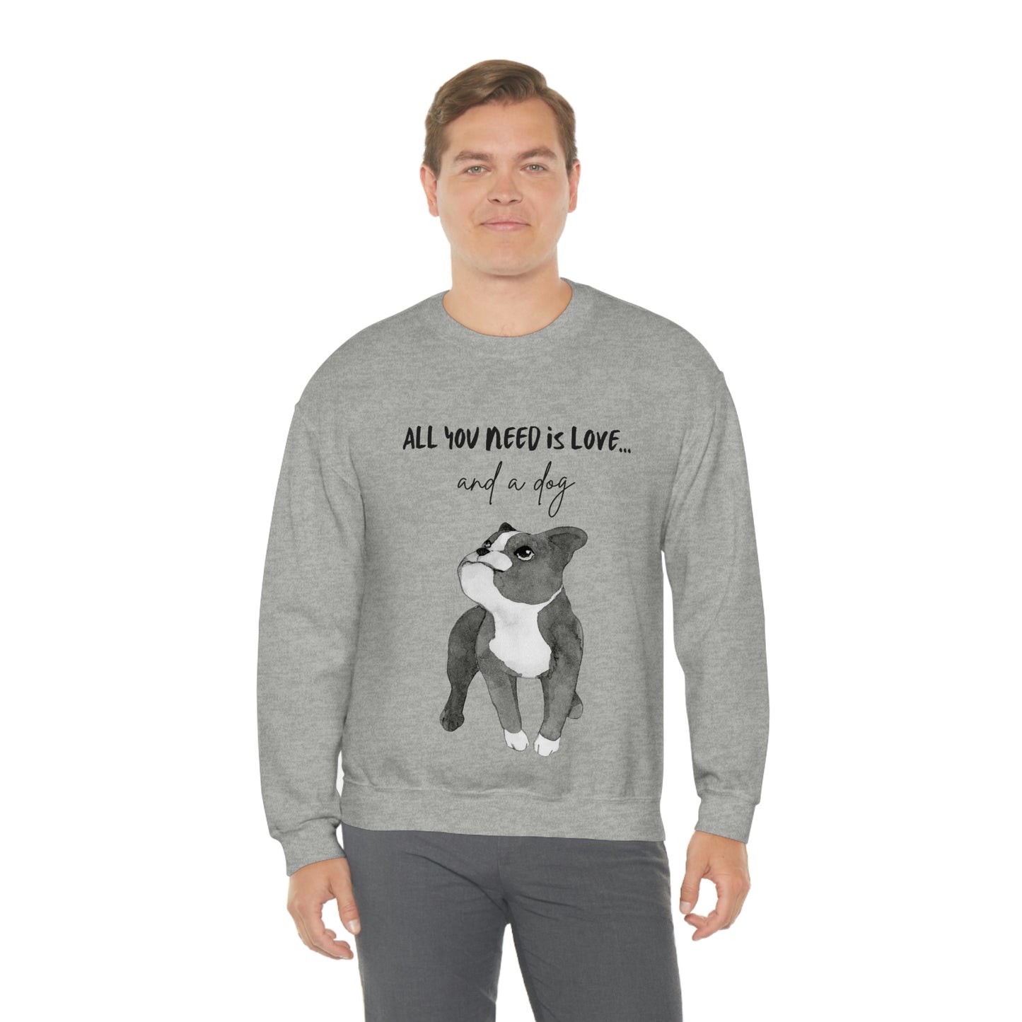 All you Need Is Love And A Dog Unisex Heavy Blend™ Crewneck Sweatshirt | “Happy Dog” Black Dog Tee Sweatshirts