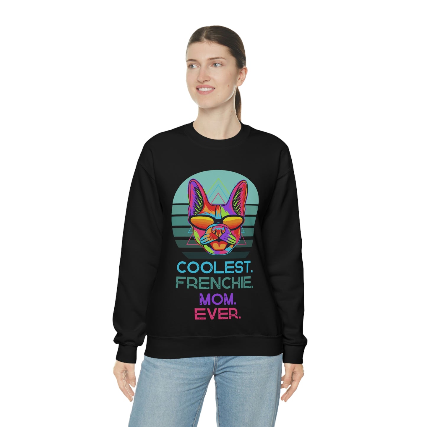 Coolest Frenchie Mom Ever Unisex Heavy Blend™ Crewneck Sweatshirt | “Happy Dog” Black Dog Tee Sweatshirts