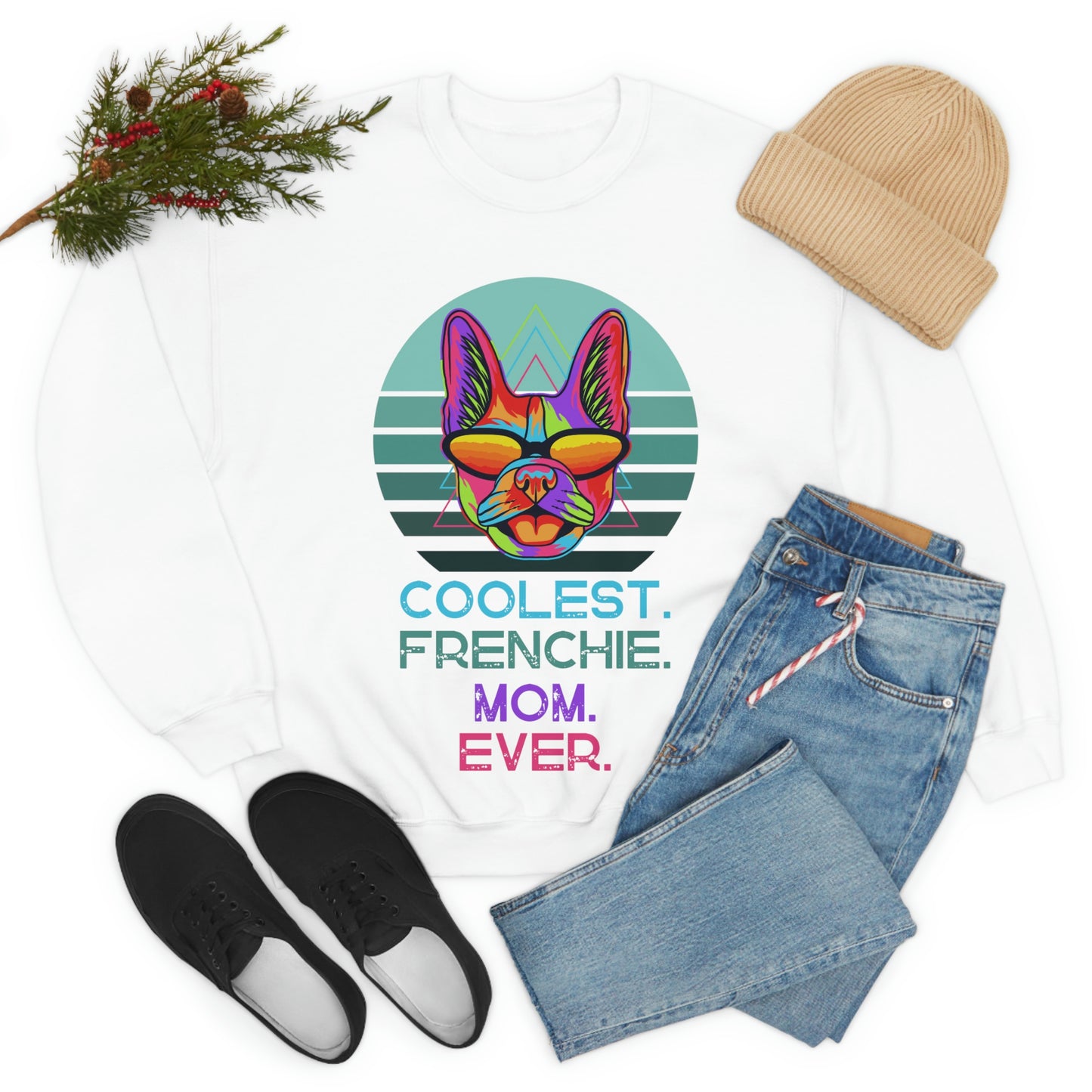 Coolest Frenchie Mom Ever Unisex Heavy Blend™ Crewneck Sweatshirt | “Happy Dog” Black Dog Tee Sweatshirts