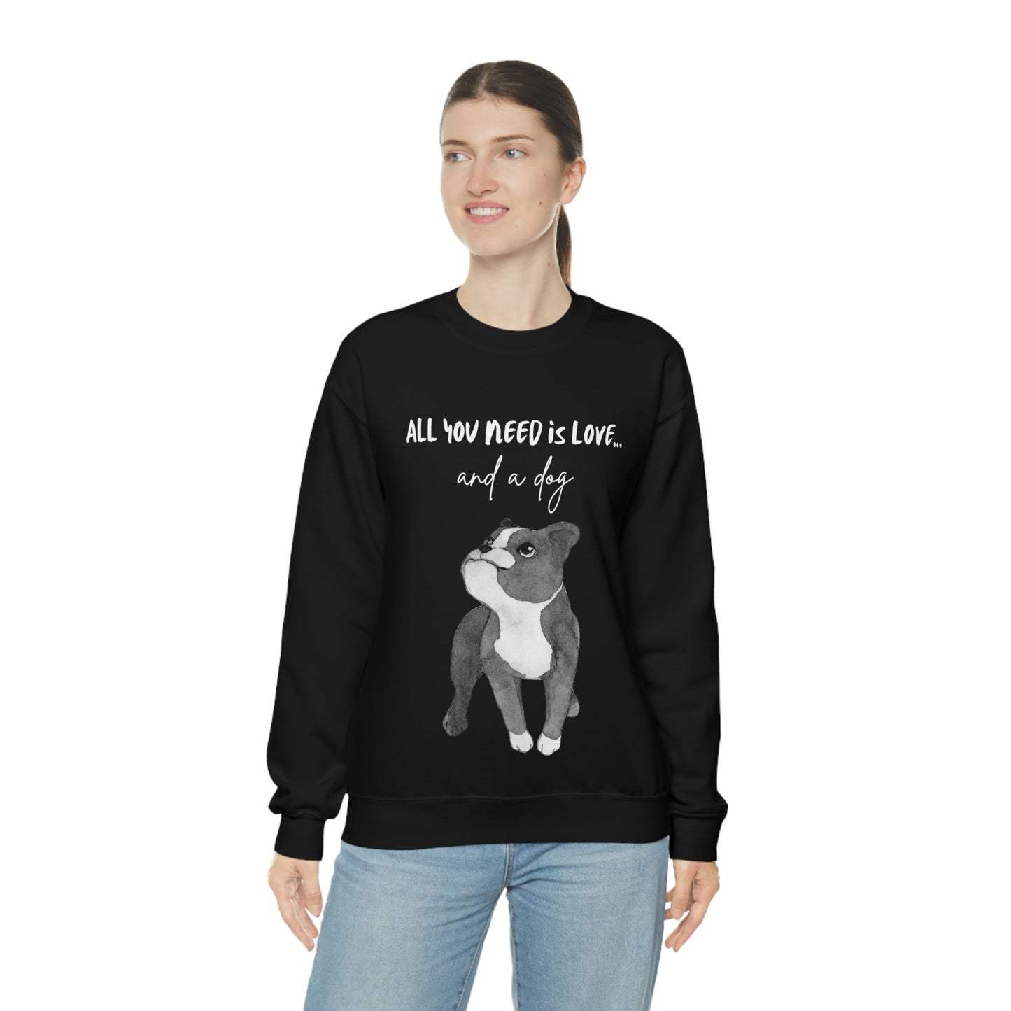 All you Need Is Love And A Dog Unisex Heavy Blend™ Crewneck Sweatshirt | “Happy Dog” Black Dog Tee Sweatshirts