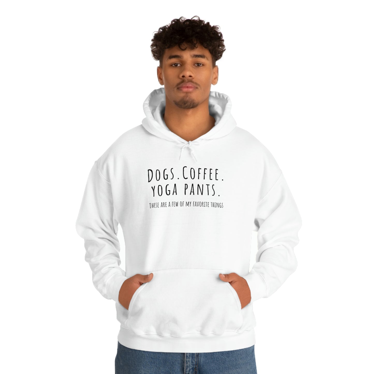 Dogs. Coffee. Yoga Pants. Unisex Heavy Blend™ Hooded Sweatshirt | Happy Dog Tee